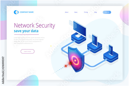 Isometric Protection network security and safe your data concept. Web page design templates Cybersecurity. Digital crime by an anonymous hacker. Vector illustration