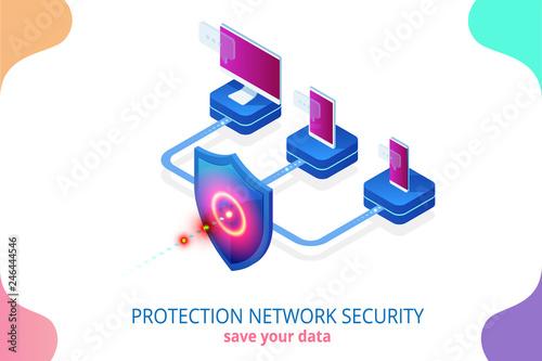 Isometric Protection network security and safe your data concept. Web page design templates Cybersecurity. Digital crime by an anonymous hacker. Vector illustration