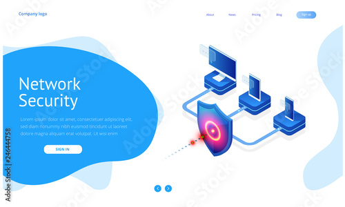 Isometric Protection network security and safe your data concept. Web page design templates Cybersecurity. Digital crime by an anonymous hacker. Vector illustration