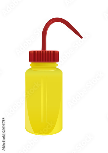 Plastic laboratory yellow wash bottle for chemistry and science lab. Laboratory equipment for spraying water and solvents. Wash bottle is isolated on a white background.