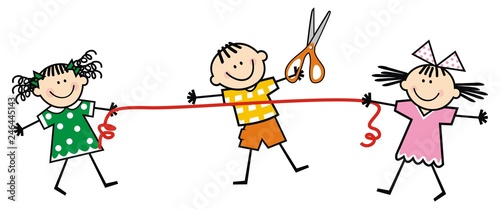 happy kids and scissors and ribbon, funny vector illustration