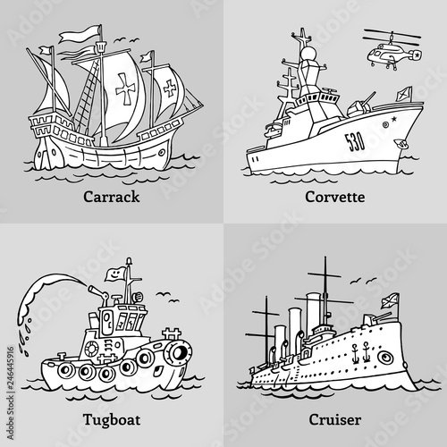  Vector illustration of outline boats. Coloring book with ships. Carrack, tugboat, cruiser and corvette.