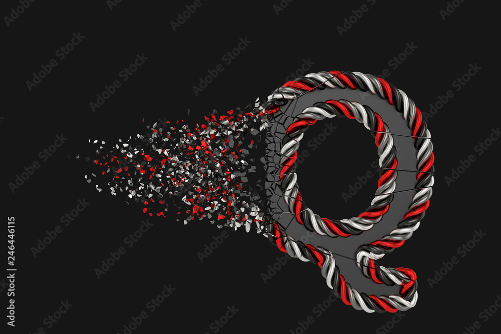 Fototapeta premium Shattering letter Q 3D raster illustration. Twisted letter with explosion effect on dark background. Isolated design element.