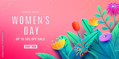 International Womens Day sale background with fantasy paper cut flowers, leaves, font greeting text. Discount offer 50 percent off. Corner composition, origami design. Vector illustration