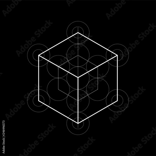 sacred geometry vector Metatrons cube illustration with construction lines on black background