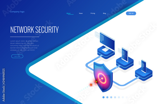 Isometric Protection network security and safe your data concept. Web page design templates Cybersecurity. Digital crime by an anonymous hacker. Vector illustration