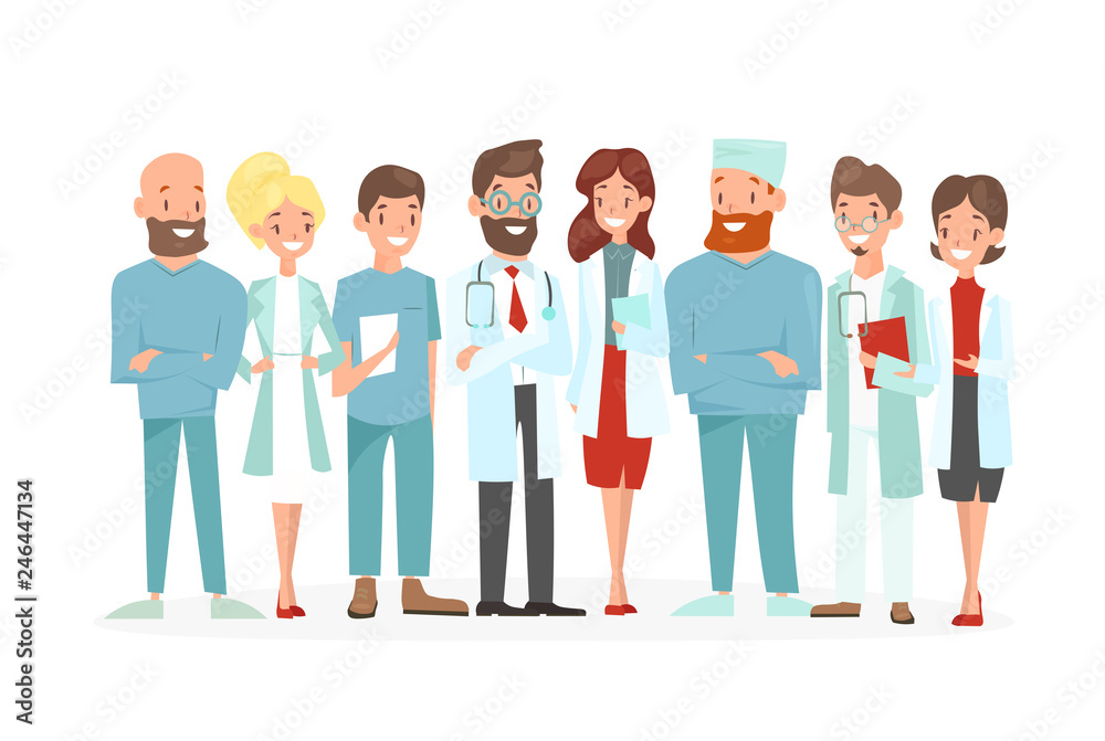 Vector illustration of doctors team. Happy and smile medical workers isolated on a white background. Hospital staff in uniform in cartoon flat style.