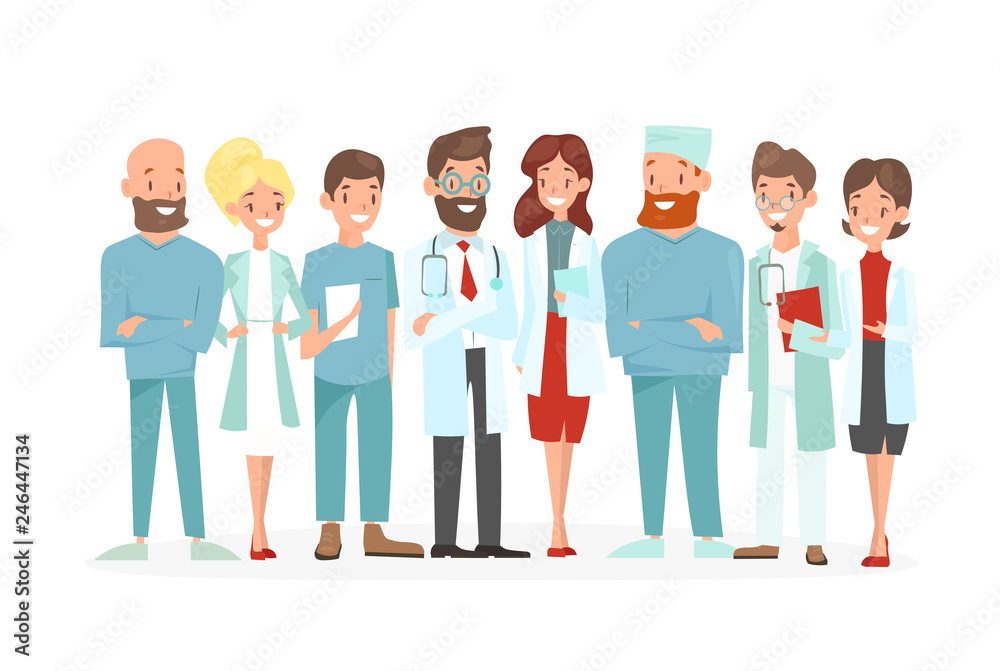 Vector illustration of doctors team. Happy and smile medical workers isolated on a white background. Hospital staff in uniform in cartoon flat style. Vector illustration of doctors team. Happy and smile medical workers isolated on a white background. Hospital staff in uniform in cartoon flat style.