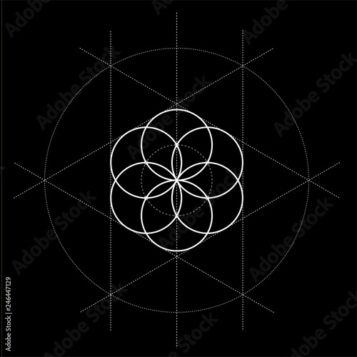 Flower of life with construction lines sacred geometry vector illustration on black background