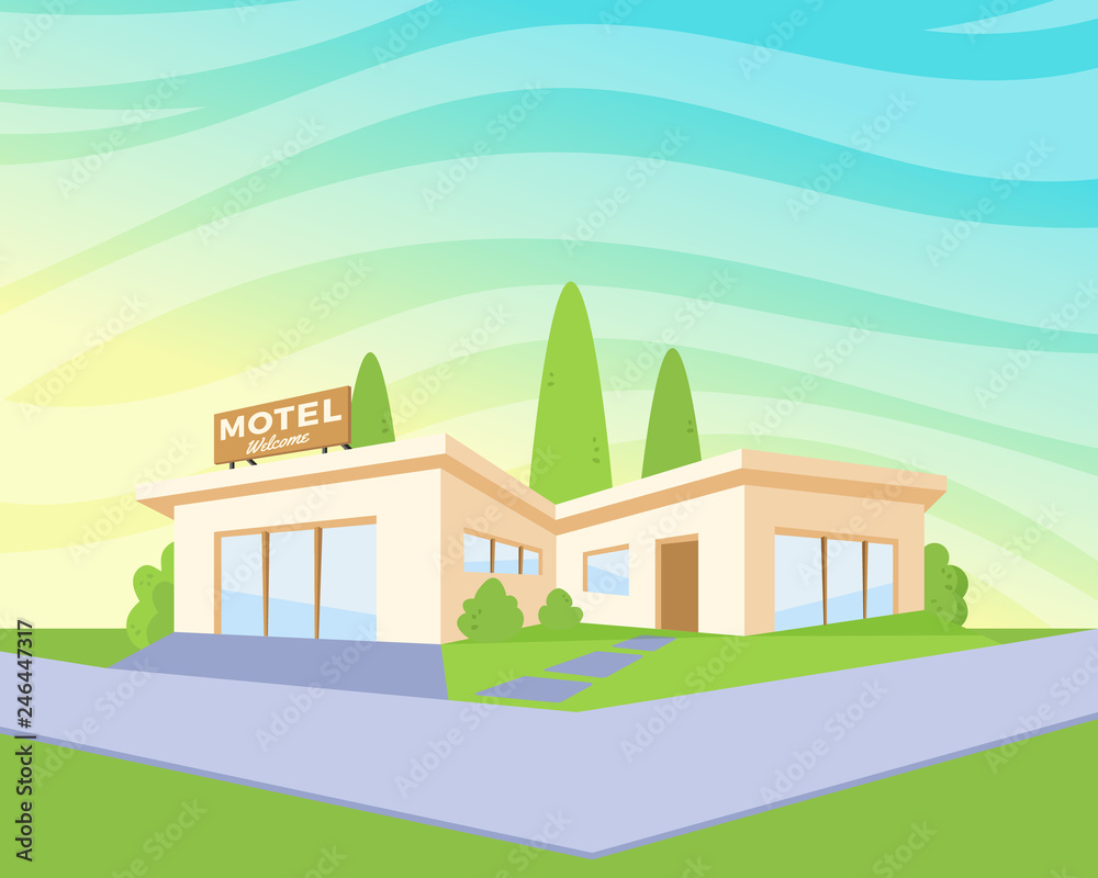 Flat Style Modern Architecture Motel with Green Lawn and Trees. Vector Landscape Drawing in The Perspective View. Sky Background House Illustration.