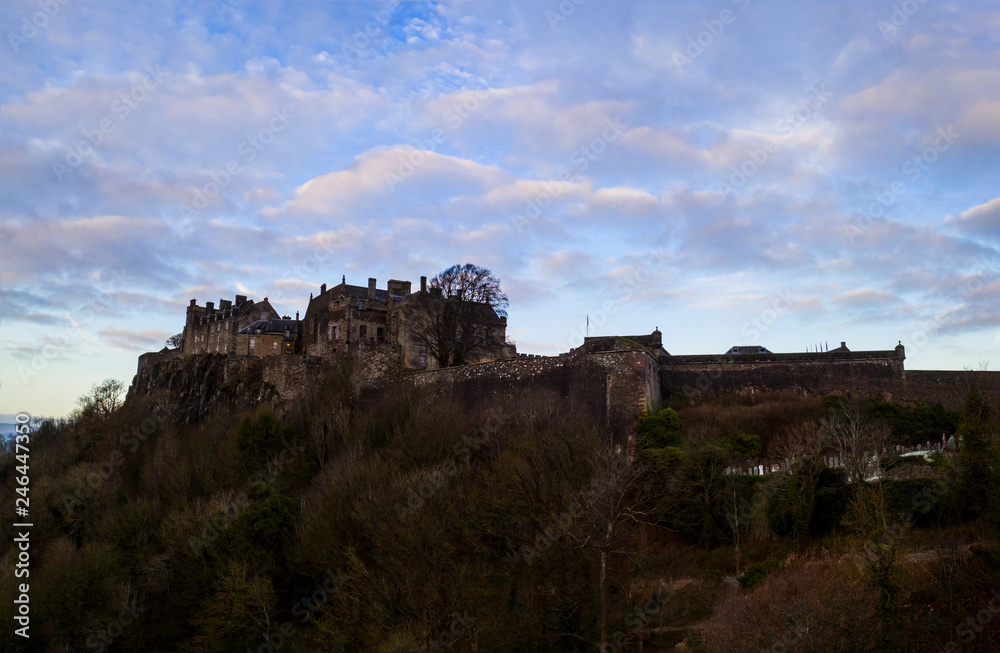 Aerial view of Stirling Castle on top of the rocky hill in central Scotland