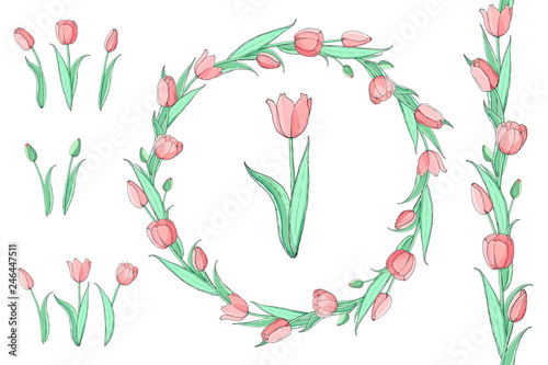 Stock vector floral set of seamless flower brush from pink tulips and beautiful wreath. Isolated and hand drawn illustration. Floral design, flower backdrop. Festive hand drawn pattern, spring.