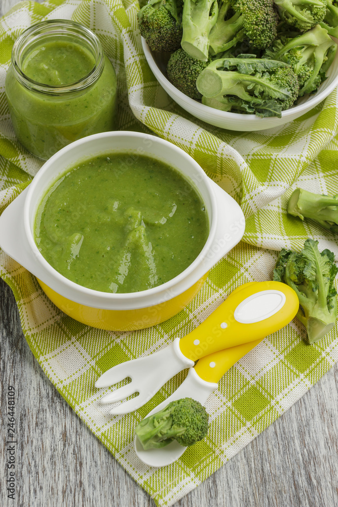Fresh broccoli in the bowl, and portion of puree made from crushed broccoli, blurred background Fresh broccoli in the bowl, and portion of puree made from crushed broccoli, blurred background