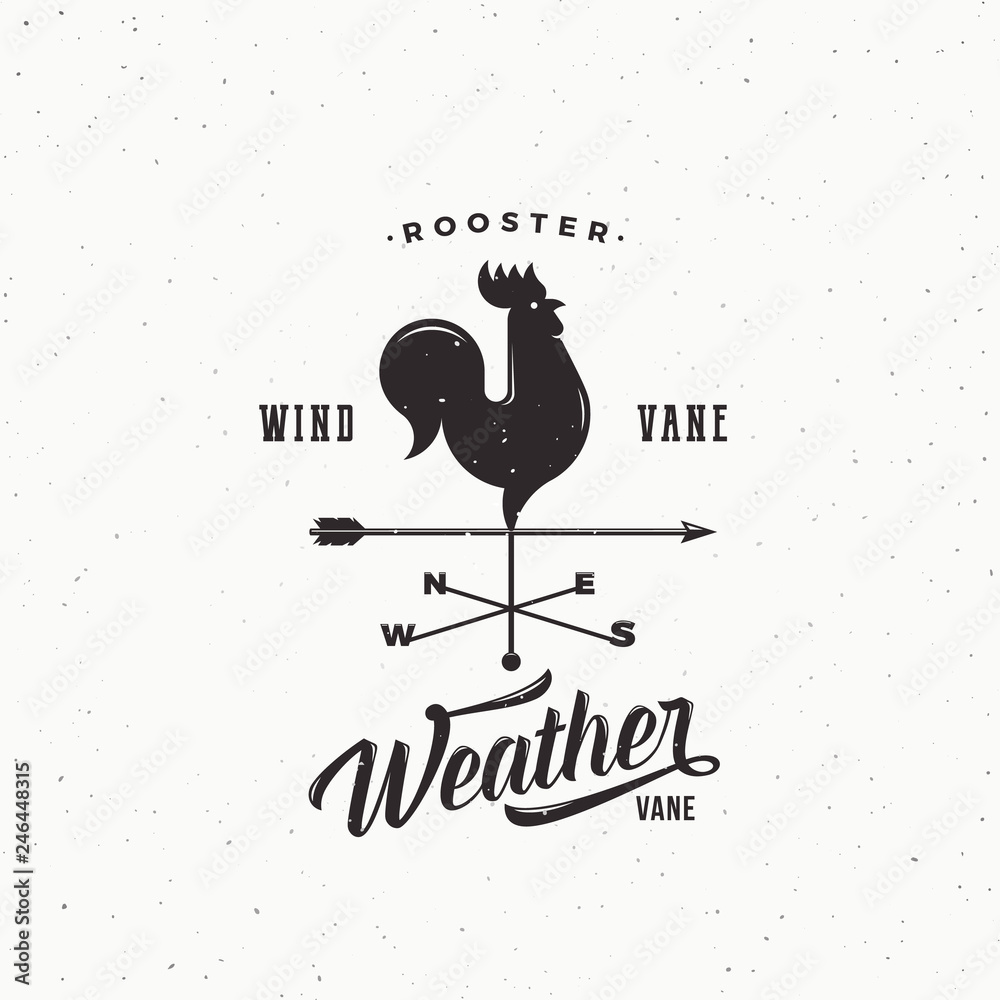 Windvane Rooster Abstract Retro Style Vector Sign, Emblem or Logo Template. Vintage Shabby Texture. - obrazy, fototapety, plakaty 