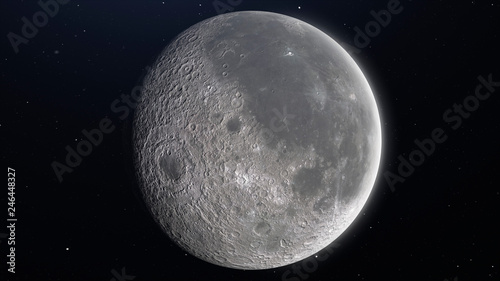 The moon view. Earth's natural satellite surface. 3d render with place for text