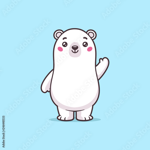 Cute happy polar bear waving vector cartoon kawaii illustration