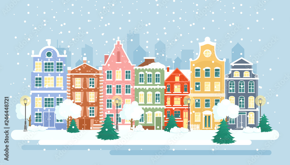Fototapeta Vector illustration of urban winter landscape. Snowy street as greeting card background. Christmas card concept, Happy Holidays banner with colorful bright houses in flat cartoon style.