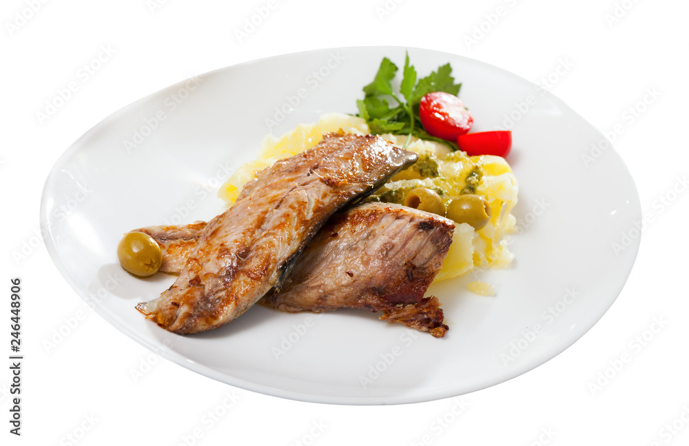 Fried mackerel fish with mashed potatoes