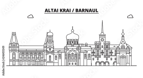 Russia, Altai Krai, Barnaul. City skyline: architecture, buildings, streets, silhouette, landscape, panorama, landmarks. Editable strokes. Flat design, line vector illustration concept. Isolated icons