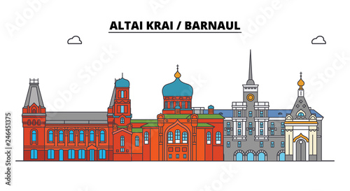 Russia, Altai Krai, Barnaul. City skyline: architecture, buildings, streets, silhouette, landscape, panorama. Flat line vector illustration. Russia, Altai Krai, Barnaul outline design.