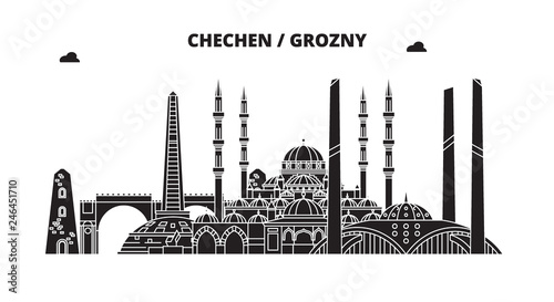 Russia, Chechen, Grozny. City skyline: architecture, buildings, streets, silhouette, landscape, panorama. Flat line vector illustration. Russia, Chechen, Grozny outline design.
