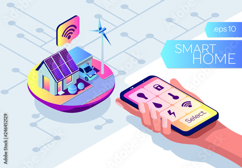 Smart home connection and control. IOT concept. Internet of things isometric style. Eco friendly house. Smart phone in human hand on a white background