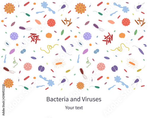 Colorfull banner with different dangerous viruses and bacteria with text. Vector illustration for web design