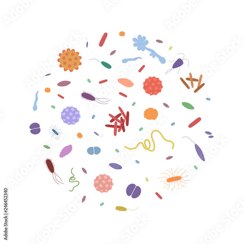 Colorfull background with different dangerous viruses and bacteria. Vector illustration for web design and print