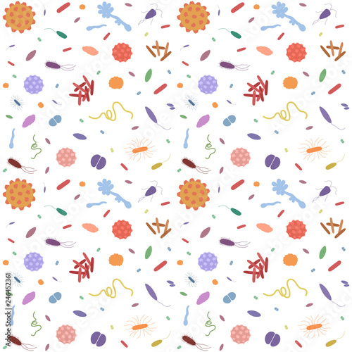 Seamless background with different types of bacteria and viruses on white background. Simple colorfull bacterias pattern for your design. Vector illustration