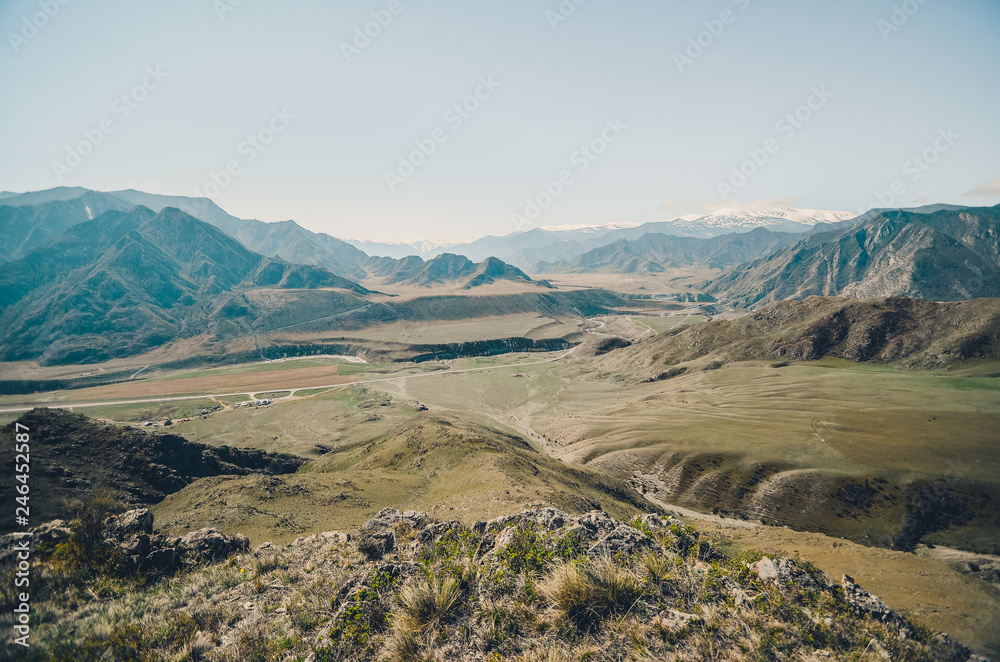 Mountain landscape. View of the valley with a beautiful plateau