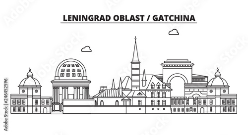 Russia, Leningrad Oblast, Gatchina . City skyline: architecture, buildings, streets, silhouette, landscape, panorama, landmarks. Editable strokes. Flat design line vector illustration concept