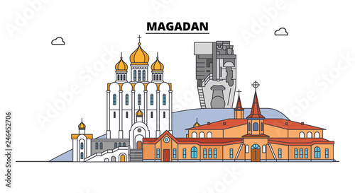 Russia, Magadan. City skyline: architecture, buildings, streets, silhouette, landscape, panorama. Flat line vector illustration. Russia, Magadan outline design.