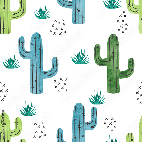 Watercolor cactus seamless pattern. Vector background with green and blue cactus isolated on white.