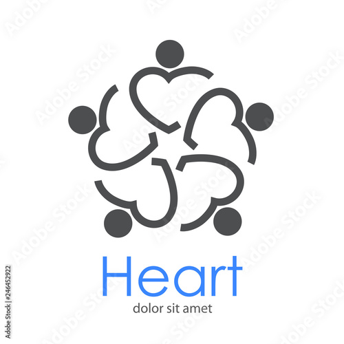 Logotipo abstracto con texto Heart con 5 corazones lineales como hombres abrazados en color gris