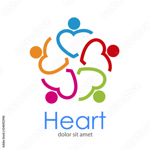 Logotipo abstracto con texto Heart con 5 corazones lineales como hombres abrazados en varios colores