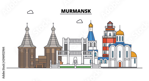 Russia, Murmansk. City skyline: architecture, buildings, streets, silhouette, landscape, panorama. Flat line vector illustration. Russia, Murmansk outline design.