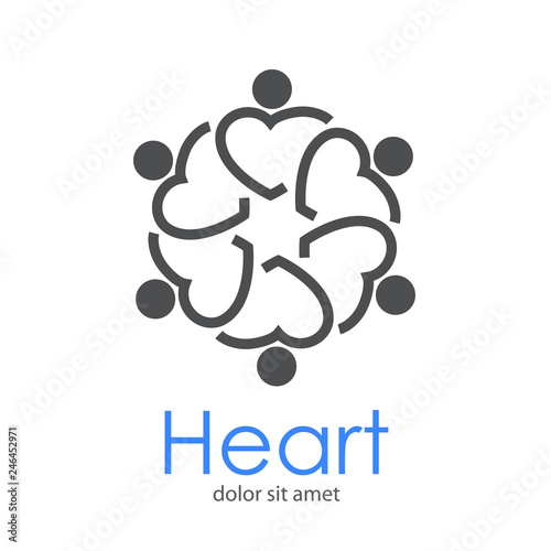 Logotipo abstracto con texto Heart con 6 corazones lineales como hombres abrazados en color gris