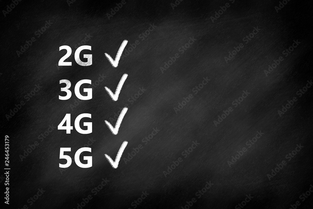 Obraz premium 2G, 3G, 4G, 5G mobile communication technologies and checkmarks on a blackboard