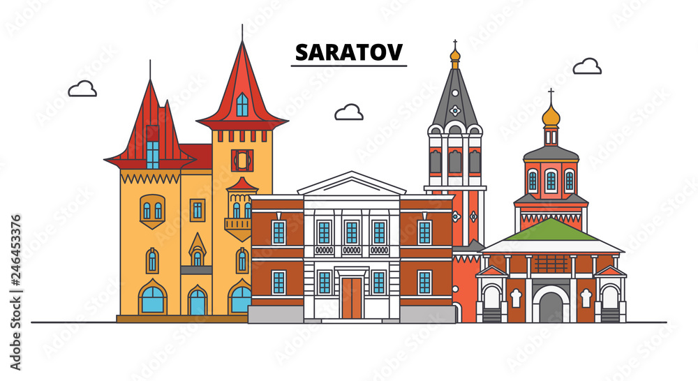 Obraz Russia, Saratov. City skyline: architecture, buildings, streets, silhouette, landscape, panorama. Flat line vector illustration. Russia, Saratov outline design.