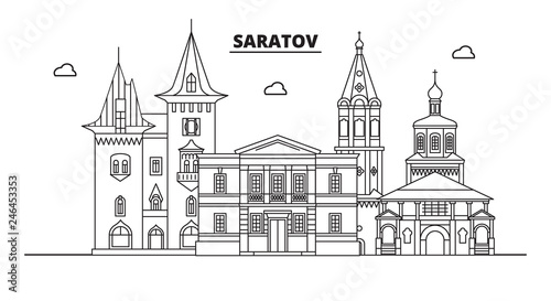 Russia, Saratov. City skyline: architecture, buildings, streets, silhouette, landscape, panorama, landmarks. Editable strokes. Flat design, line vector illustration concept. Isolated icons