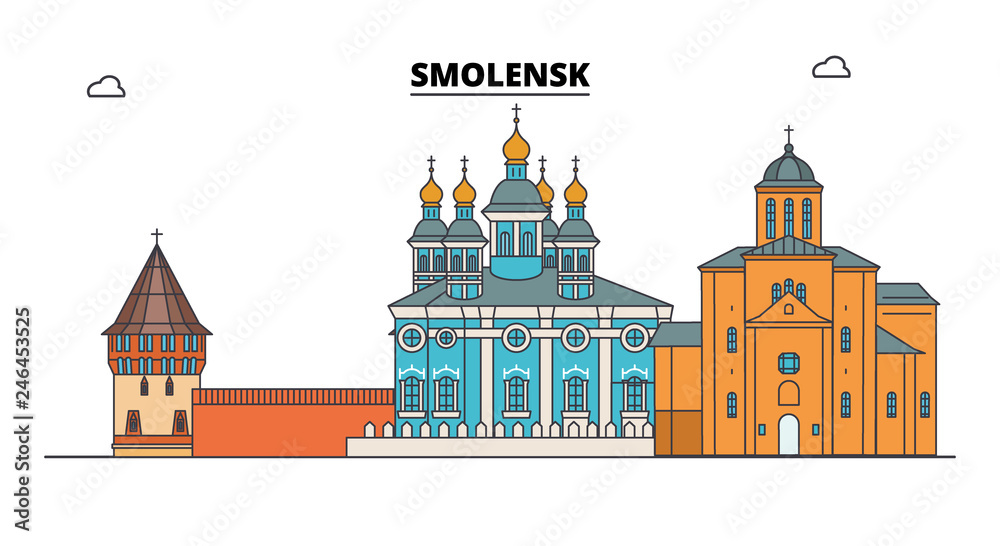 Obraz Russia, Smolensk. City skyline: architecture, buildings, streets, silhouette, landscape, panorama. Flat line vector illustration. Russia, Smolensk outline design.