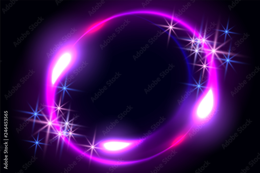 Fototapeta premium Fantastic background with neon round frame, sparkle stars and space portal into another dimension
