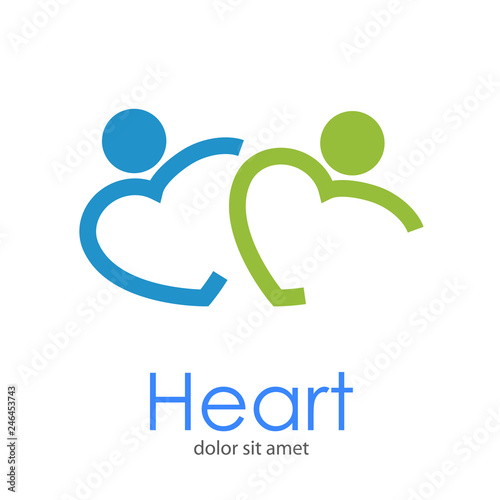 Logotipo abstracto con texto Heart con 2 corazones lineales como hombres abrazados en azul y verde