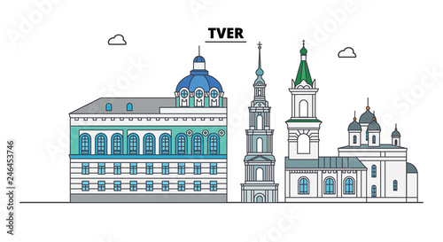 Russia, Tver. City skyline: architecture, buildings, streets, silhouette, landscape, panorama. Flat line vector illustration. Russia, Tver outline design.