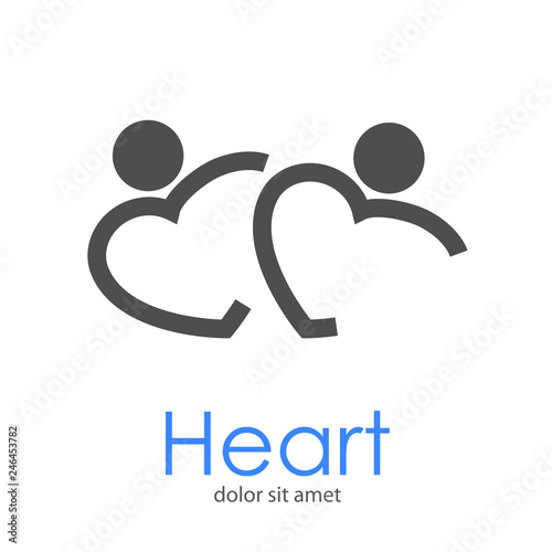 Logotipo abstracto con texto Heart con 2 corazones lineales como hombres abrazados en color gris