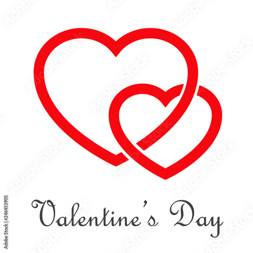 Logotipo abstracto con texto Valentine's Day con 2 corazones lineales color rojo de tamaño diferente entrelazados