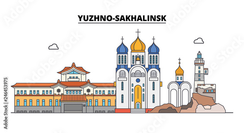 Russia, Yuzhno-Sakhalinsk. City skyline: architecture, buildings, streets, silhouette, landscape, panorama. Flat line vector illustration. Russia, Yuzhno-Sakhalinsk outline design.
