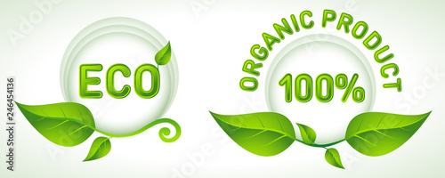 Green labels and badges with leaves for eco, organic, natural and bio friendly products.