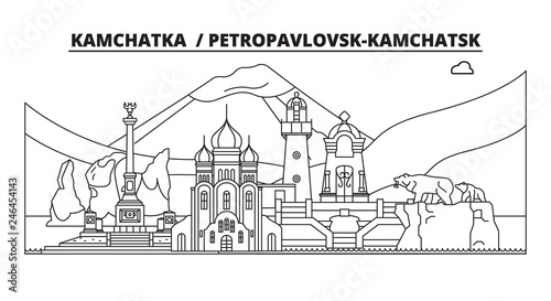 Russia, Kamchatka , Petropavlovsk-Kamchatsk. City skyline: architecture, buildings, streets, silhouette, landscape, panorama, landmarks. Editable strokes. Flat design line vector illustration concept