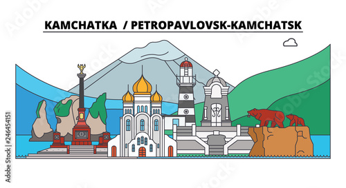 Russia, Petropavlovsk-Kamchatsk. City skyline: architecture, buildings, streets, silhouette, landscape, panorama. Flat line vector illustration. Russia, Petropavlovsk-Kamchatsk outline design.